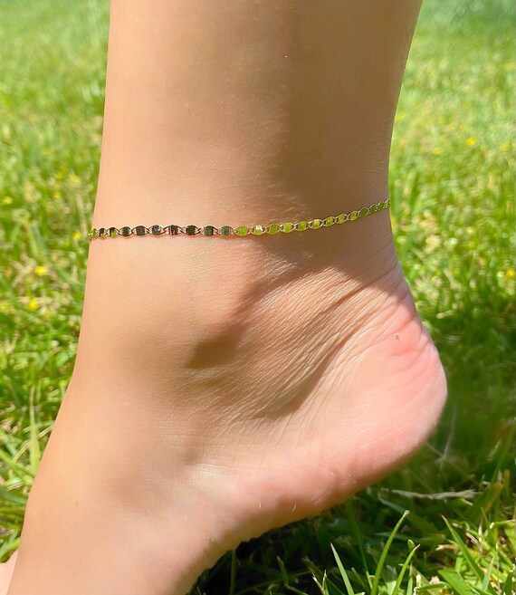 14K Glitter Chain Anklet Flat Link Chain Gold Anklet Mirrored