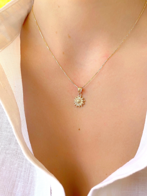 14k Solid Yellow Gold Sunflower Pendant Sunflower Charm Flower Charm Necklace Nature Lover Gift Nature Lover Gift For Her