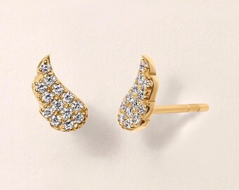 Angel Wing Earrings| Angel Wing Diamond Pave Stud Earring| Dainty Small 14K Real Gold Stud Earring| Diamond Earrings