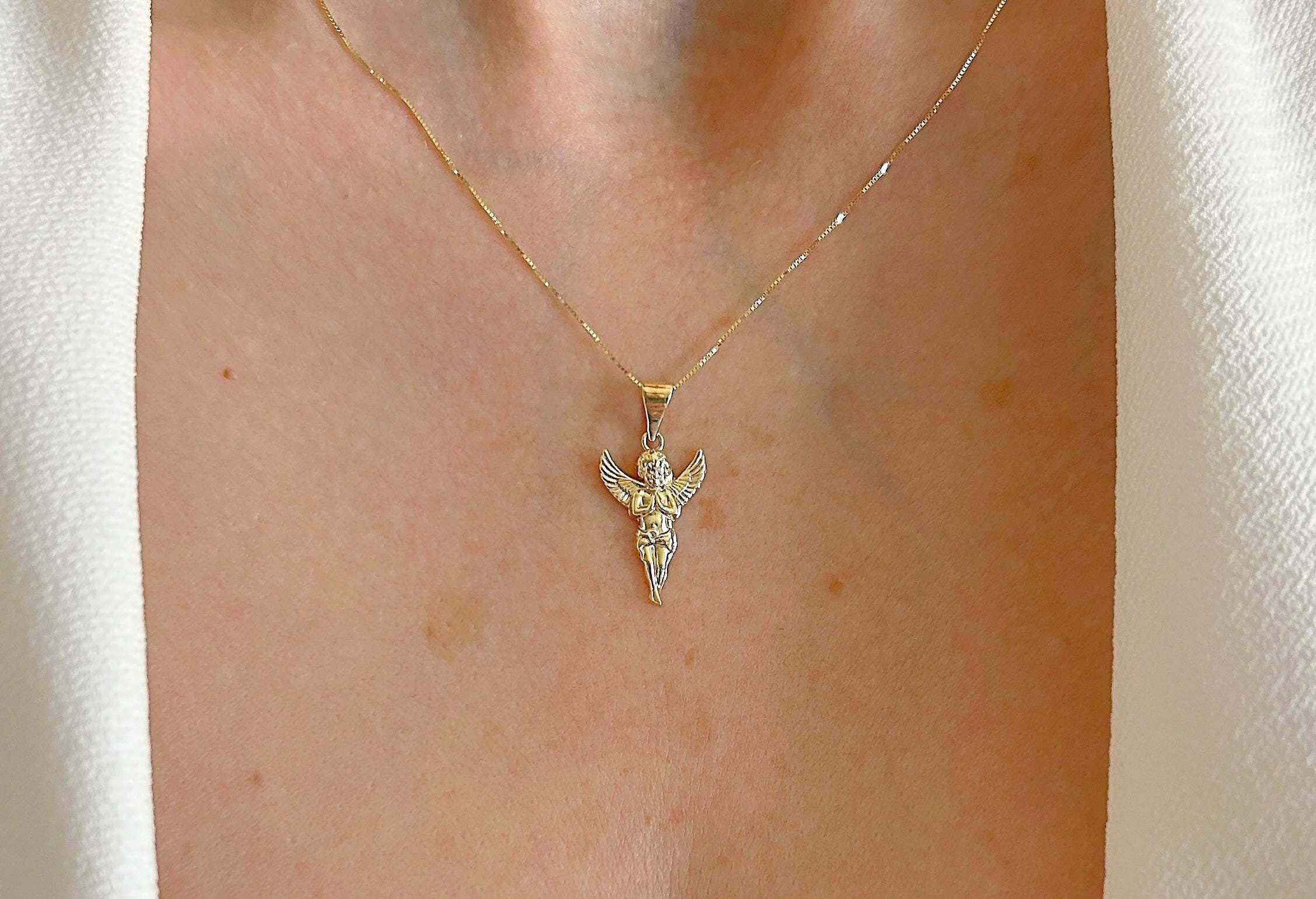 Angel Pendant In 14K Solid Yellow Gold| Praying Baby Guardian Angel Cherub Religious Charm Necklace| Baby Angel For Men Or Women Pendant