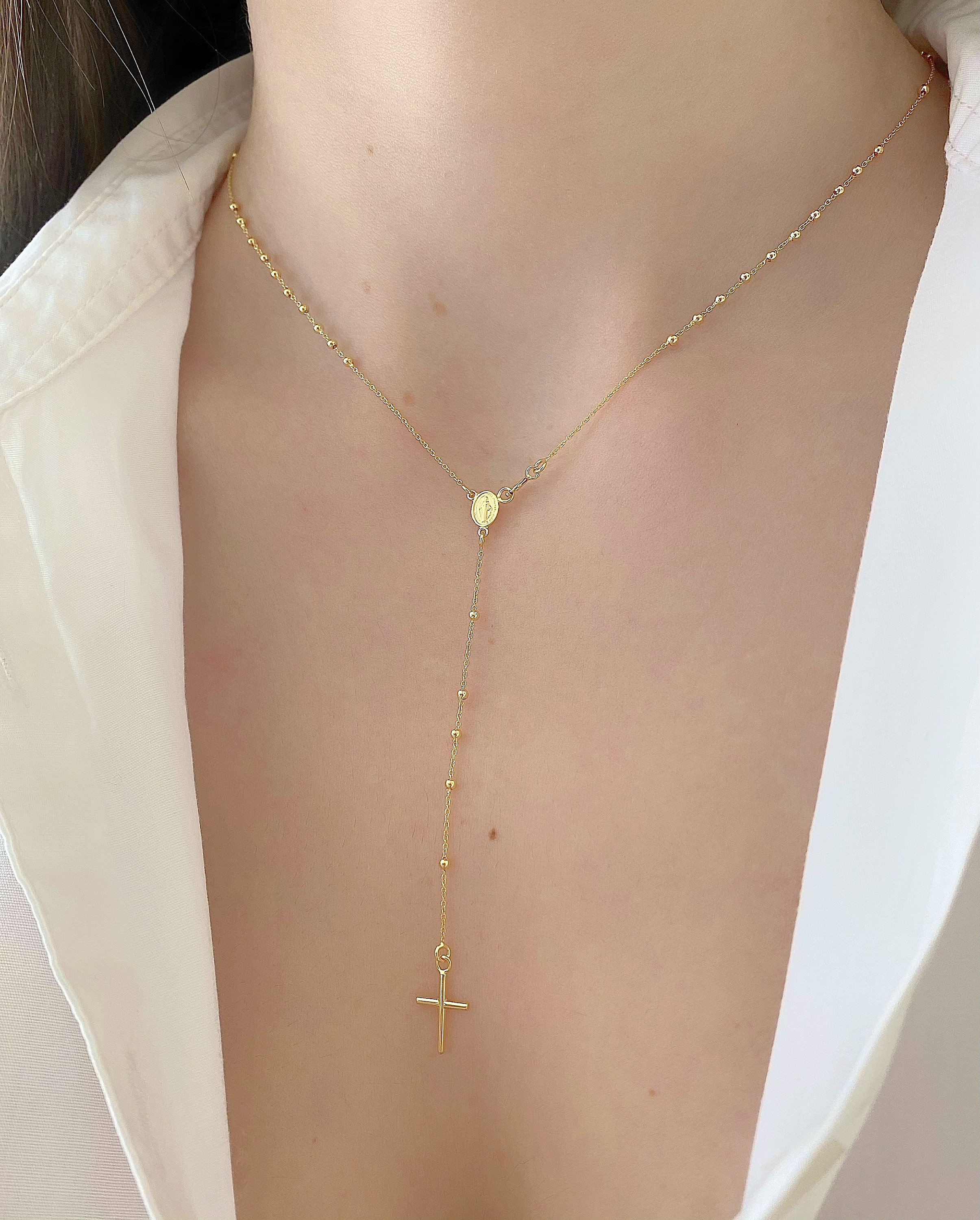 14K Yellow Gold Rosary Beads Necklace 16