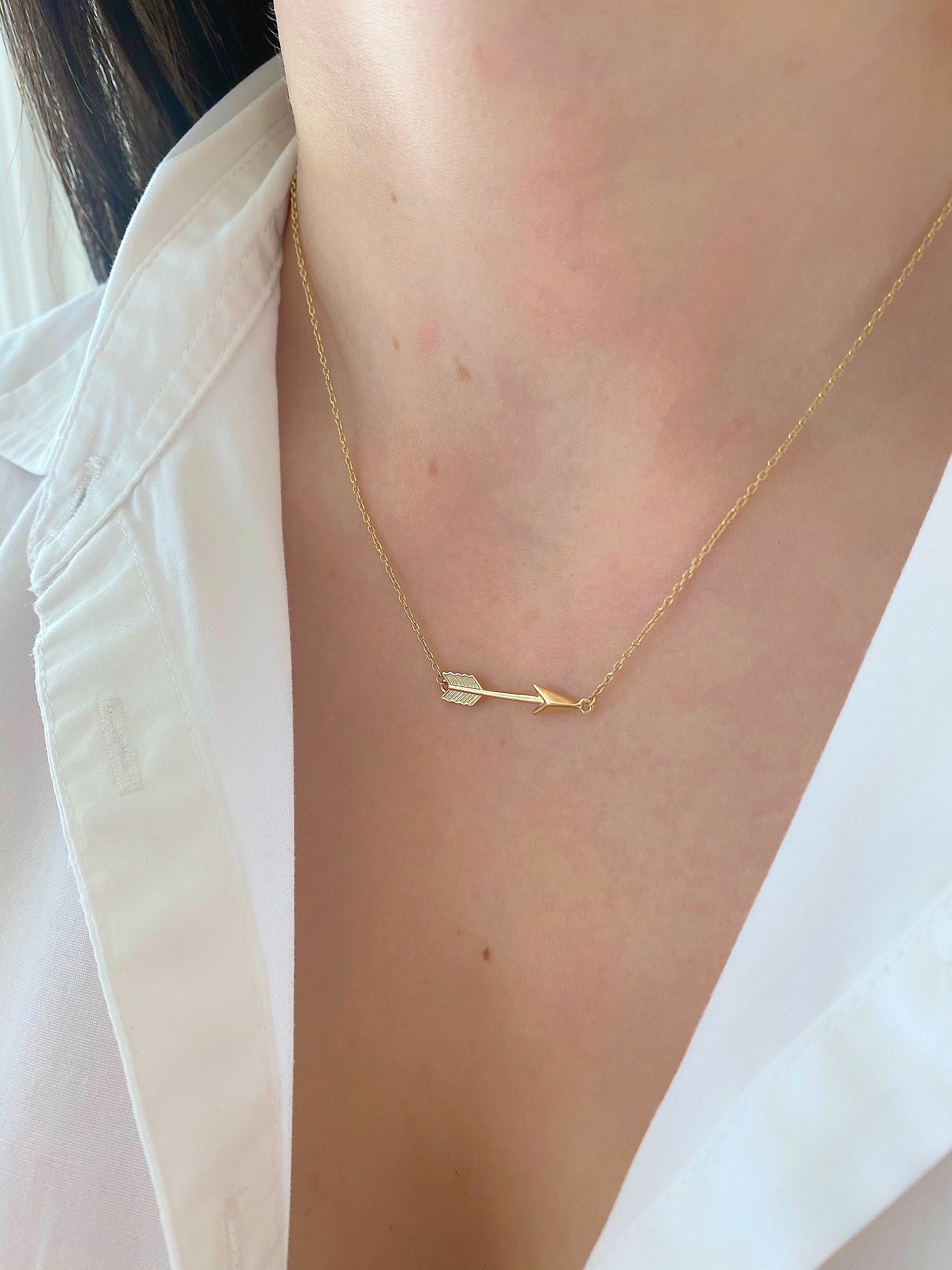 14k Yellow Gold Arrow Pendant Chain | Solid Gold Sideways Arrow ...
