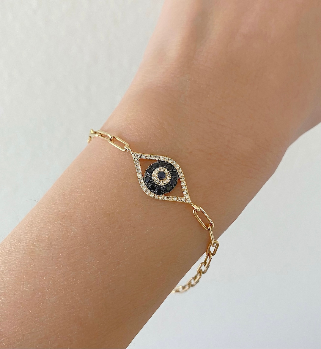 Diamond and Sapphire Evil Eye Bracelet Solid Gold Bracelet 14K Gold — free download