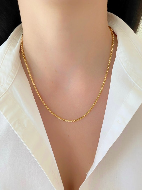 14K Yellow Gold Round Box Link Necklace Pendant Chain 18 2.1mm