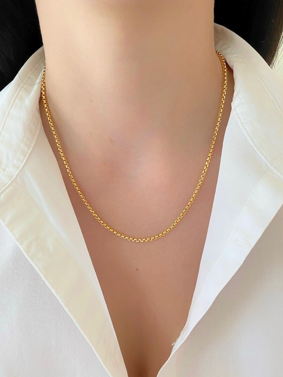 Double Clasp Necklace Rectangle/Round Chain / 14K Yellow Gold Plate