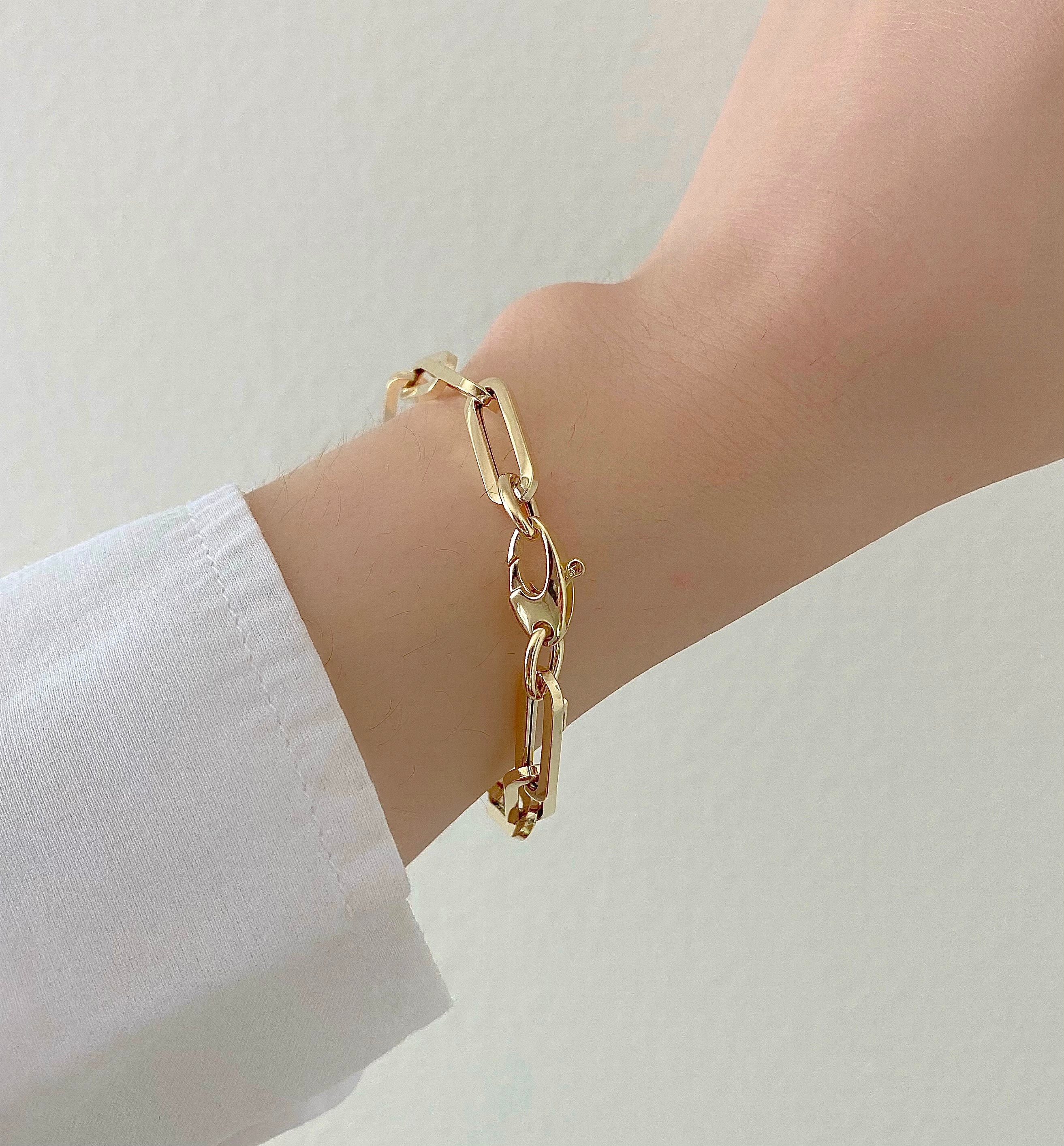 Paperclip Bracelet 14K Solid Gold Large Rectangle Bracelet Etsy