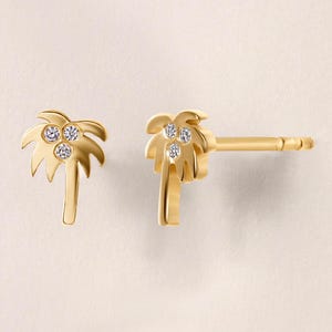14K Gold Diamond Palm Tree Stud Earrings| 14K Gold Tropical Palm Tree Push Back Studs| Beach Jewelry