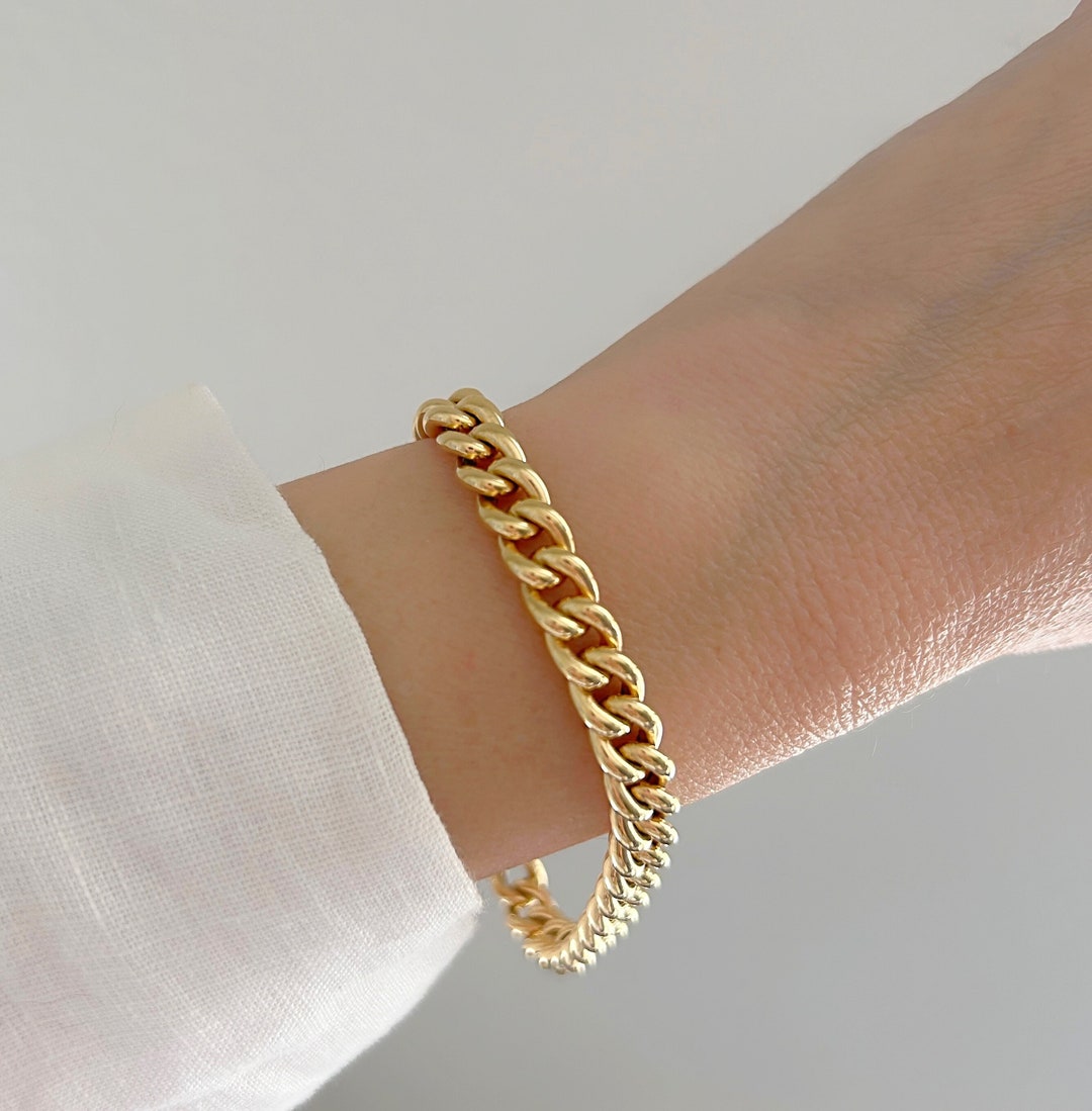 Gold Bracelet| 14K Gold Cuban Link Chain Bracelet| Womens Chain Bracelet|  Holiday Gift| 7mm Gold Curb Link Bracelet by Sara Kay Jewelry