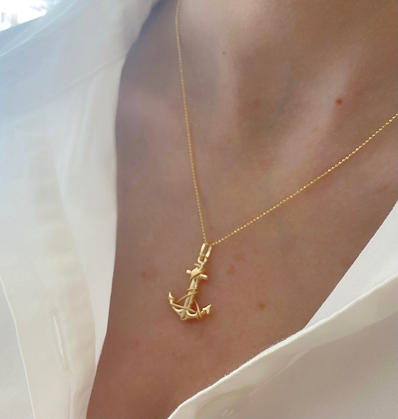 14K Yellow Gold Anchor Charm Necklace| Nautical Pendant| Solid Gold Sea  Necklace| Mariner Nautical Rope Charm| Gift For Men And Women