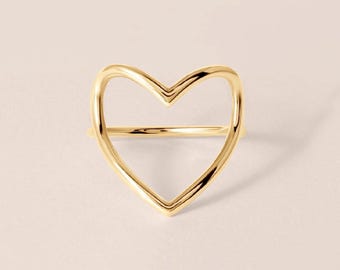 Large Open Heart Ring in 14K Yellow Gold| 14K Gold Heart Ring