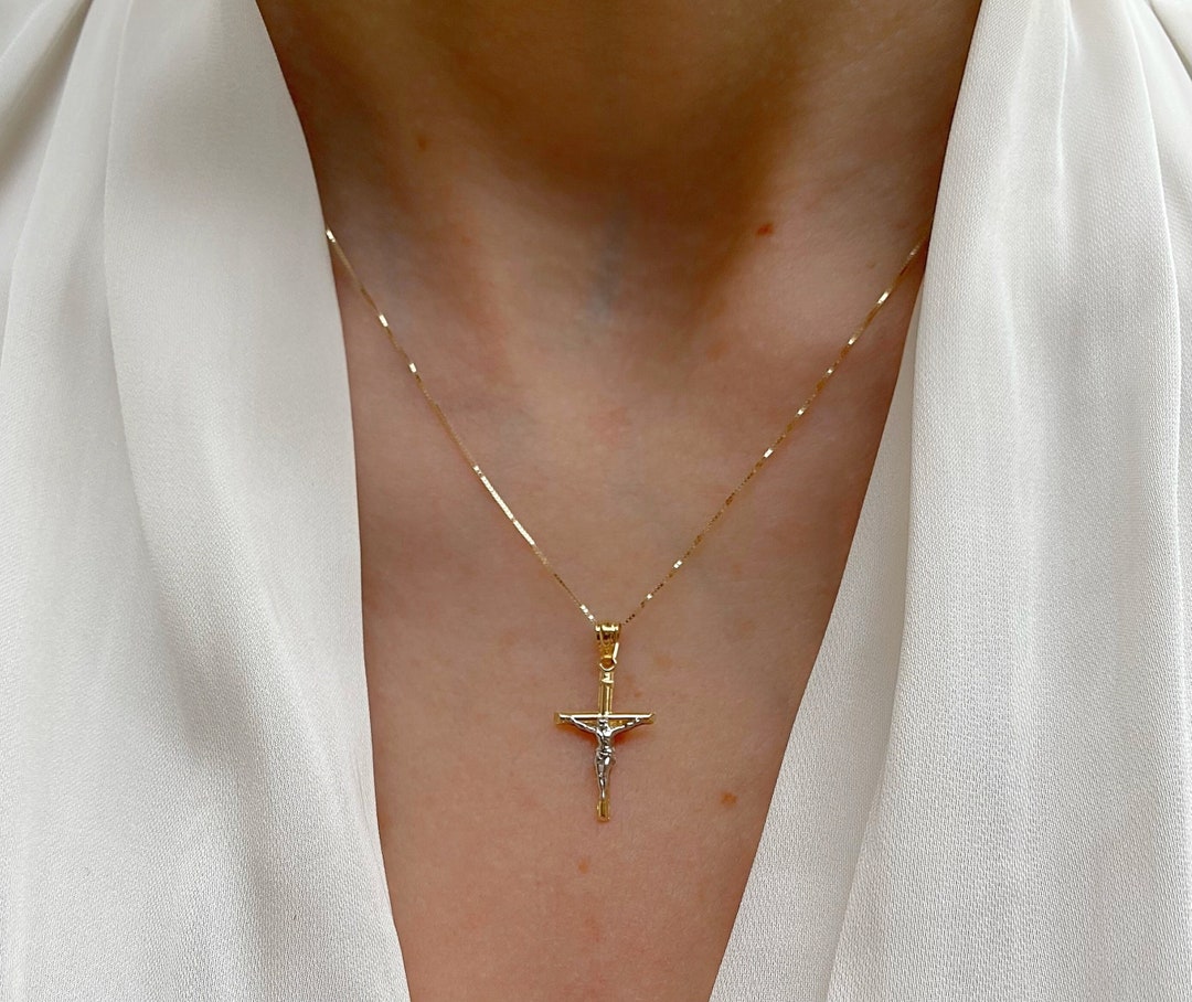 14K Two-Tone Gold Slender Cross INRI Crucifix Pendant Necklace