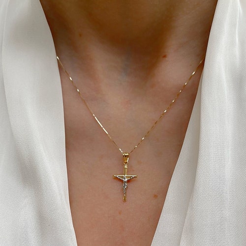 14k Gold Cross Necklace - Two Tone Gemstone Crucifix - Solid Chain - LE3047
