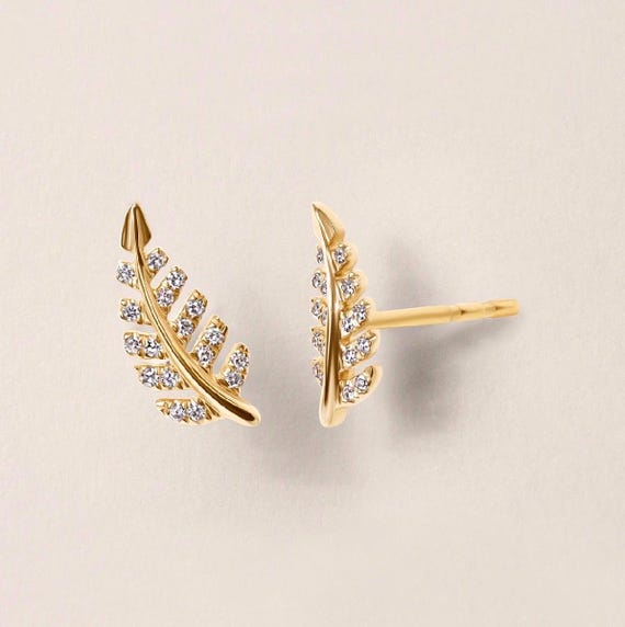 14K Solid Gold Diamond Leaf Stud Earrings: Nature Inspired  2 Pairs of Elegant 14k Solid Gold Leaf and Dome Stud Earrings Women Jewelry main image 1