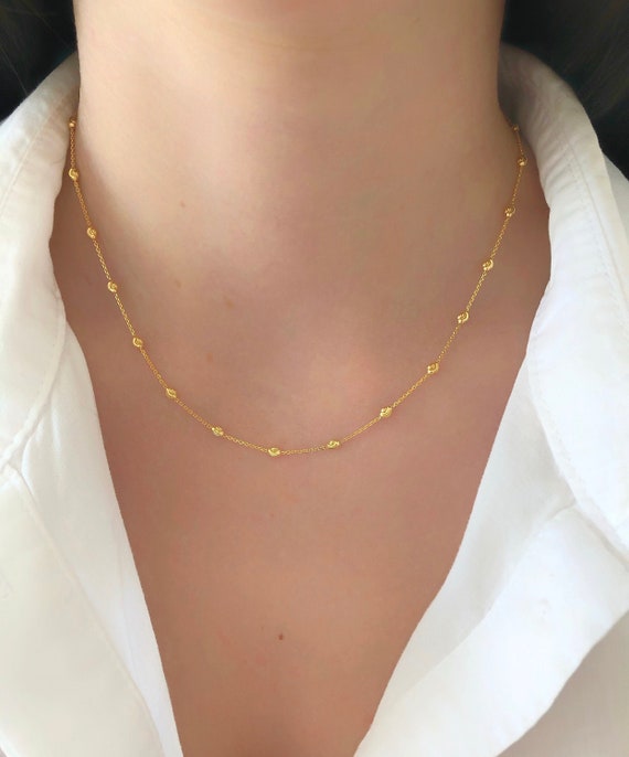 14k Yellow Gold Moon Cut Ball Bead Chain Italian Necklace 