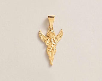 Colgante de ángel en oro amarillo macizo de 14 quilates. Collar con dije religioso de querubín y ángel de la guarda rezando. Colgante de ángel bebé para hombre o mujer.