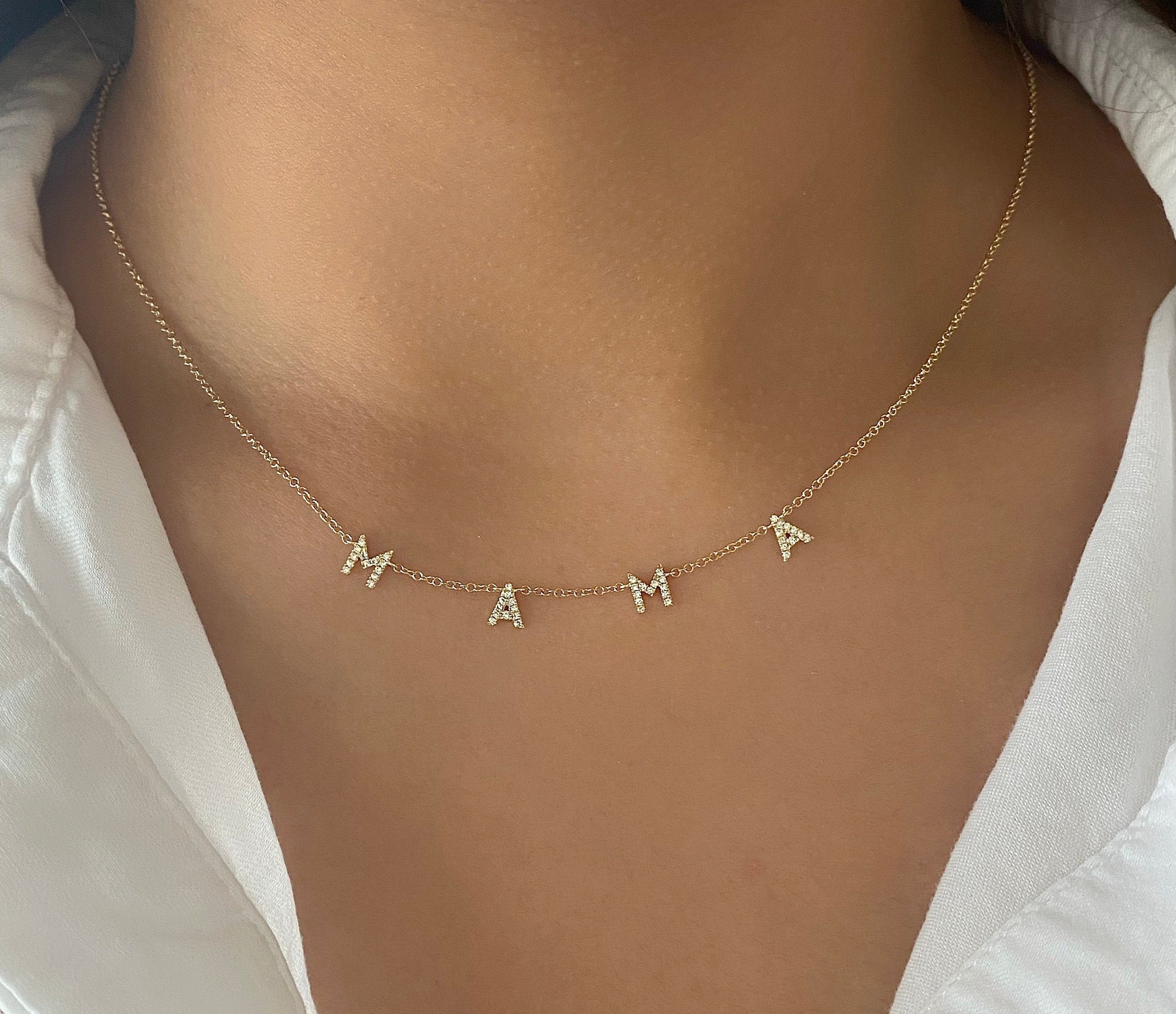 14K Gold Diamond Mama Necklace Mama Letter Necklace Gold Mom Etsy