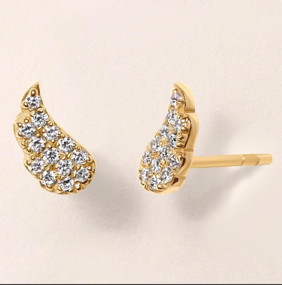 Angel Wing Earrings| Angel Wing Diamond Pave Stud Earring| Dainty Small 14K  Real Gold Stud Earring| Diamond Earrings