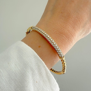 Diamond Bar Bangle Bracelet| Solid 18K Yellow Gold Diamond Pave Bangle Bracelet 7&quot; Inches| Solid Gold Station Ball Bangle Bracelet| Sienna