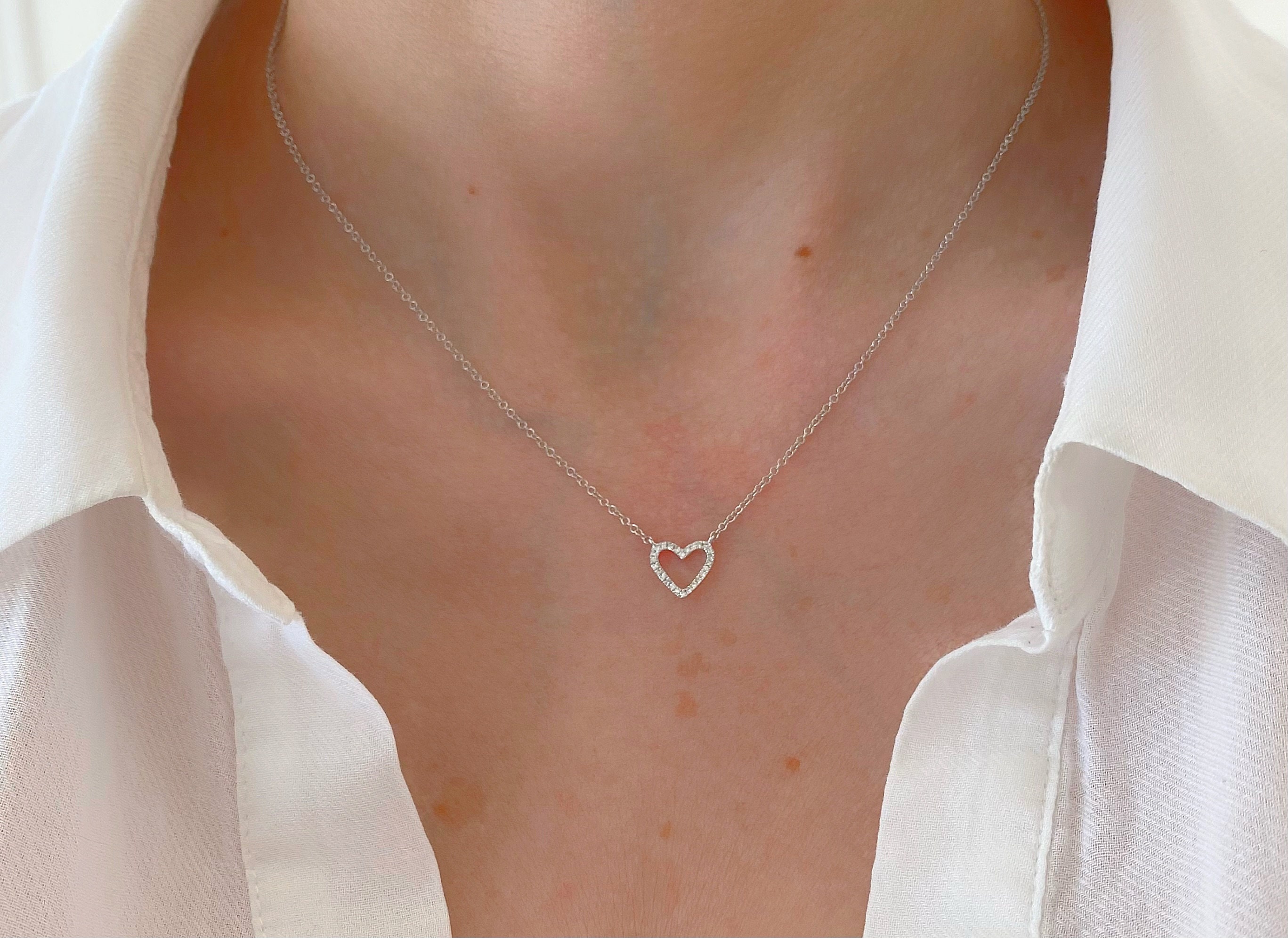ダイヤモンド ハート ネックレス | 14K ソリッド ホワイト ダイヤモンド ハート ネックレス | 14K ソリッド ホワイト