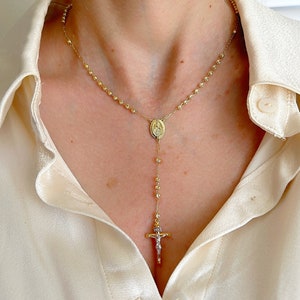 14K Yellow Gold Rosary Beads Necklace 18&quot; Cross 3mm Balls| Cross Necklace|Religious Necklace| Gift For Her| Lariat Necklace