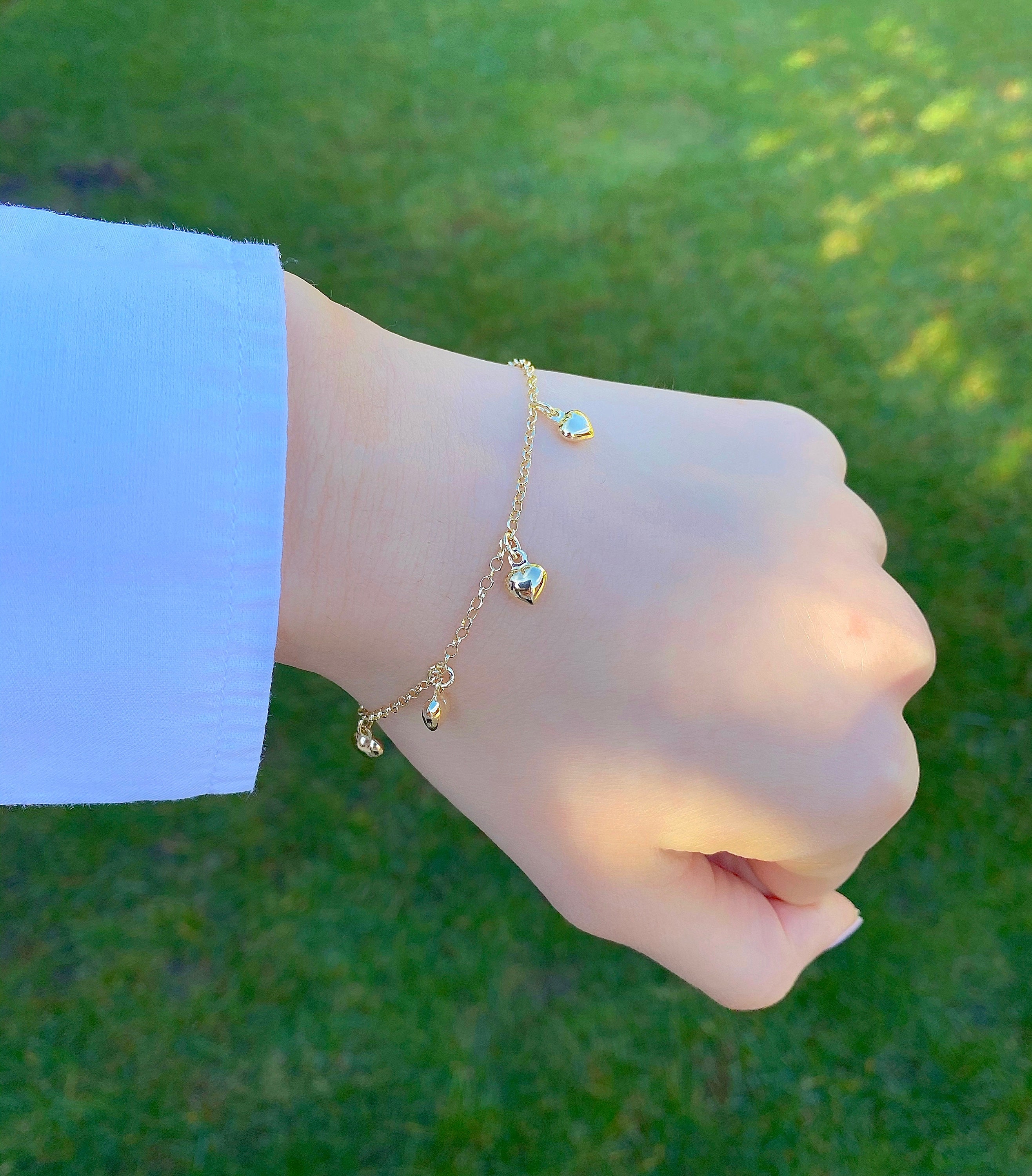 14K Gold Heart Charm Bracelet 14K Solid Yellow Gold Heart Etsy