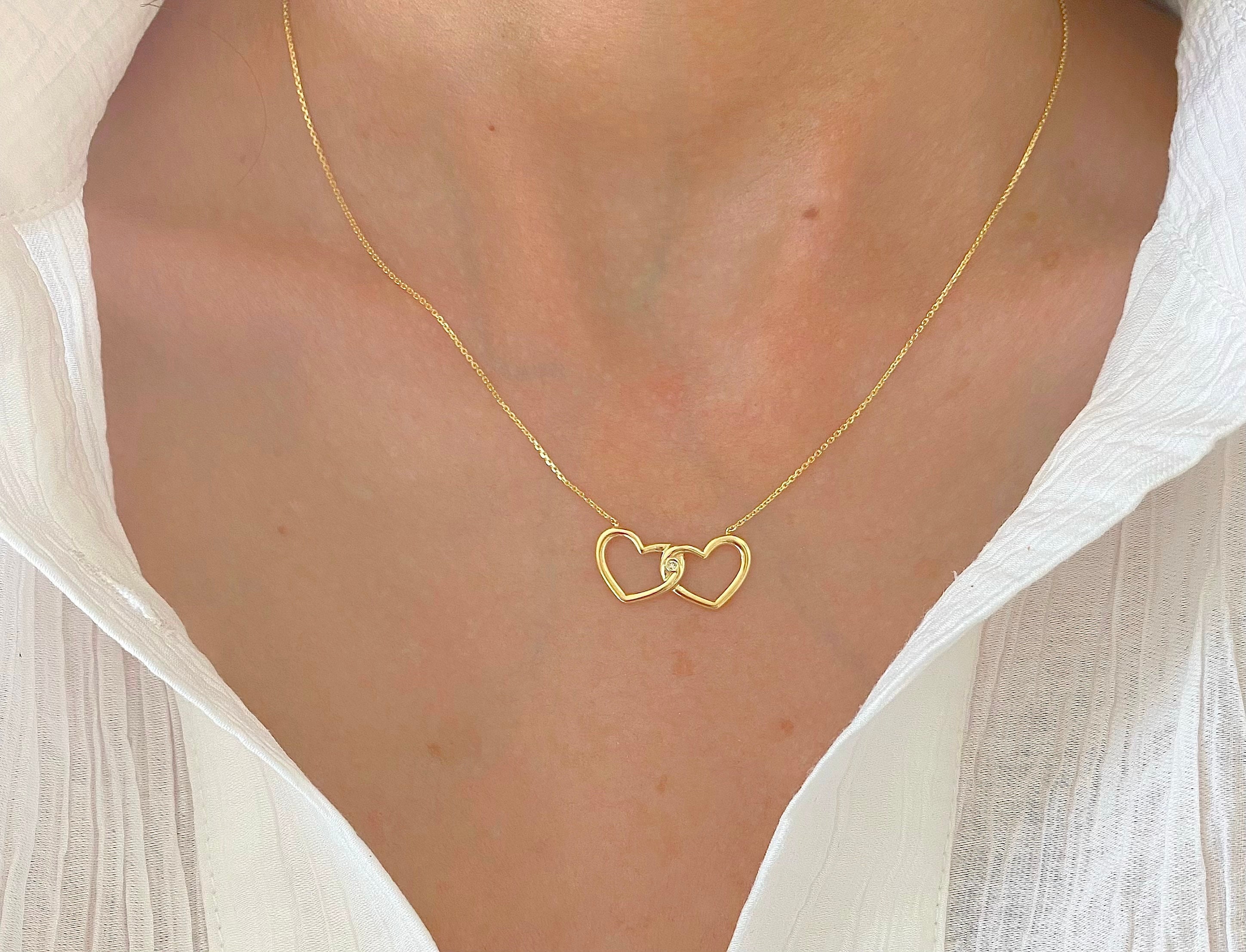 14K Solid Yellow Gold Double Heart With Diamond Necklace