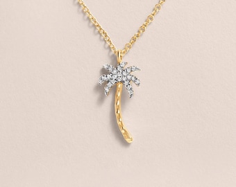 Collana con palma e diamanti/ Collana estiva da spiaggia in oro massiccio 14 carati/ Regali di gioielli tropicali di Sara Kay
