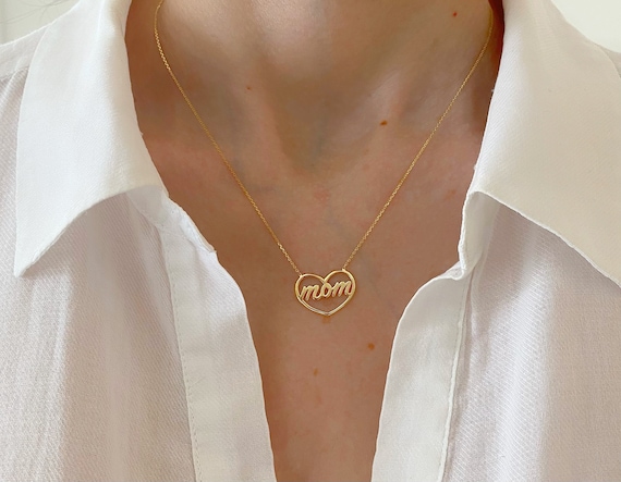 14K Yellow Gold Heart Mom Pendant on an Adjustable 14K Yellow Gold Chain Necklace