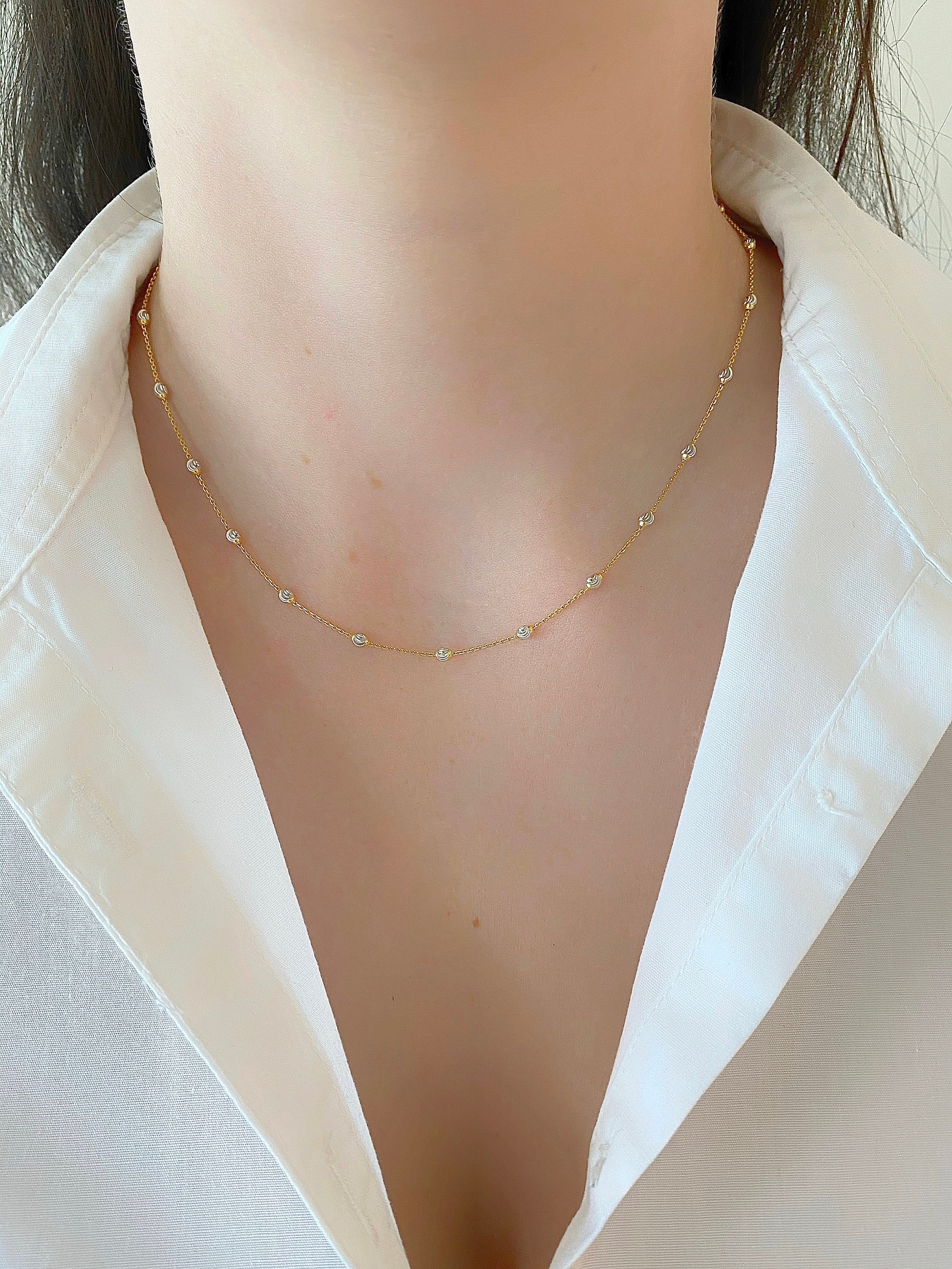 14k Solid Gold Italian Ball Bead Mooncut Necklace