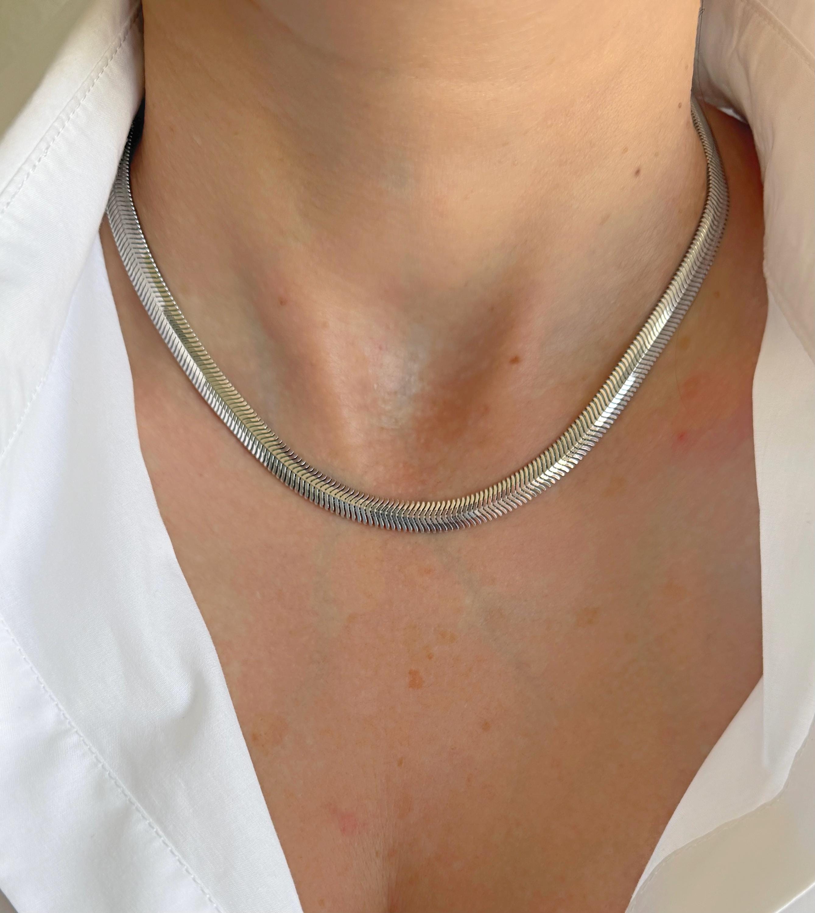 Sterling Silver Snake Chain Necklace, Real Silver Flat Oval  display picture 2