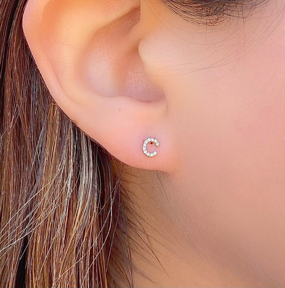 Diamond Initial Stud Diamond Letter Earring Monogram Earring Mini 14K Solid Gold Initial Stud Earring Pave Diamond Letter Earring
