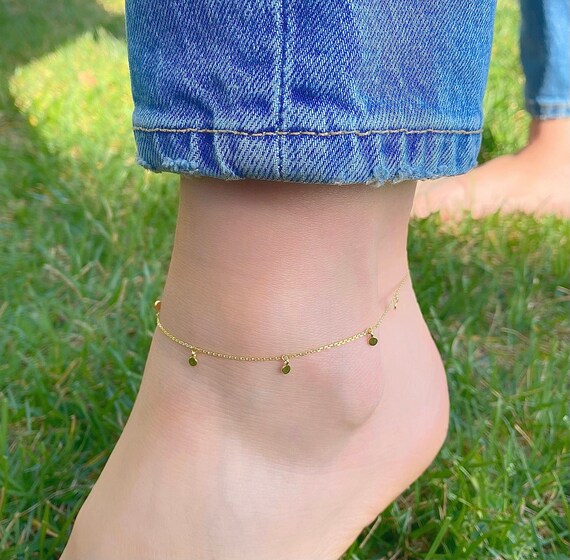 Buy 14K Yellow Gold Dangle Disc Anklet Adjustable 9 10 Length