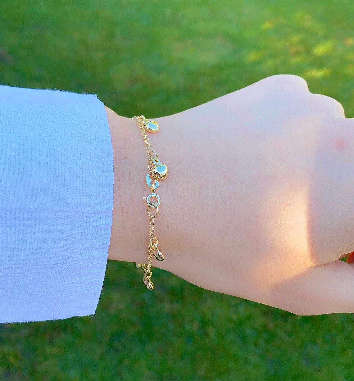 14K Gold Heart Charm Bracelet 14K Solid Yellow Gold Heart Etsy