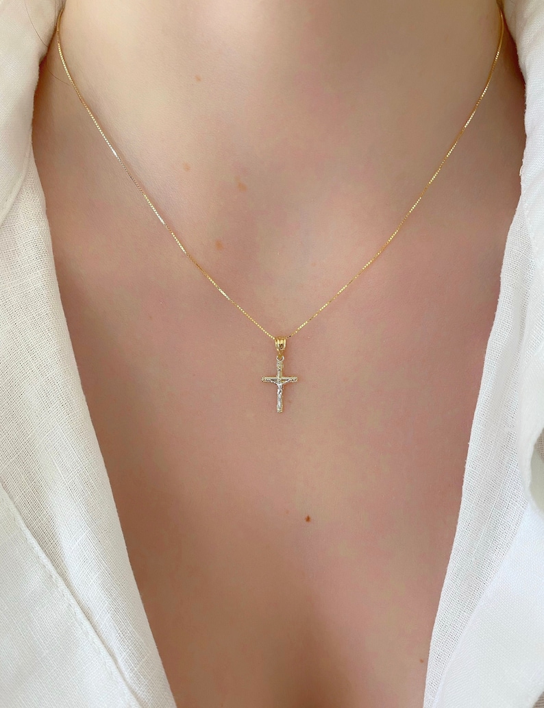 14K Solid Gold Two Tone Crucifix Pendant| 14K Gold Cross| Religious Pendant| Minimal Gold Cross 