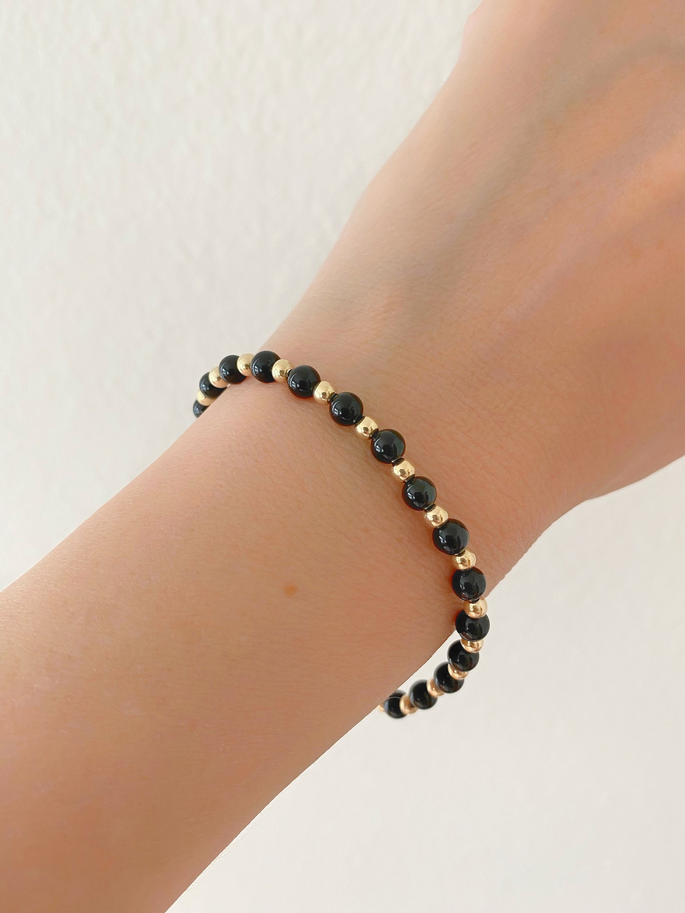 Dainty Black Onyx Bracelet GF Yellow Gold Filled Spacer Beads