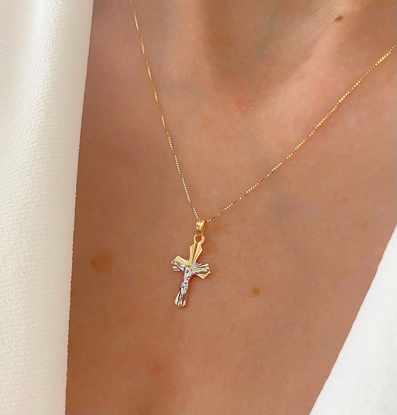 14k Gold Cross Necklace - Diamond Cut Edge Two Tone Gold Crucifix - Solid Chain - LE0080W