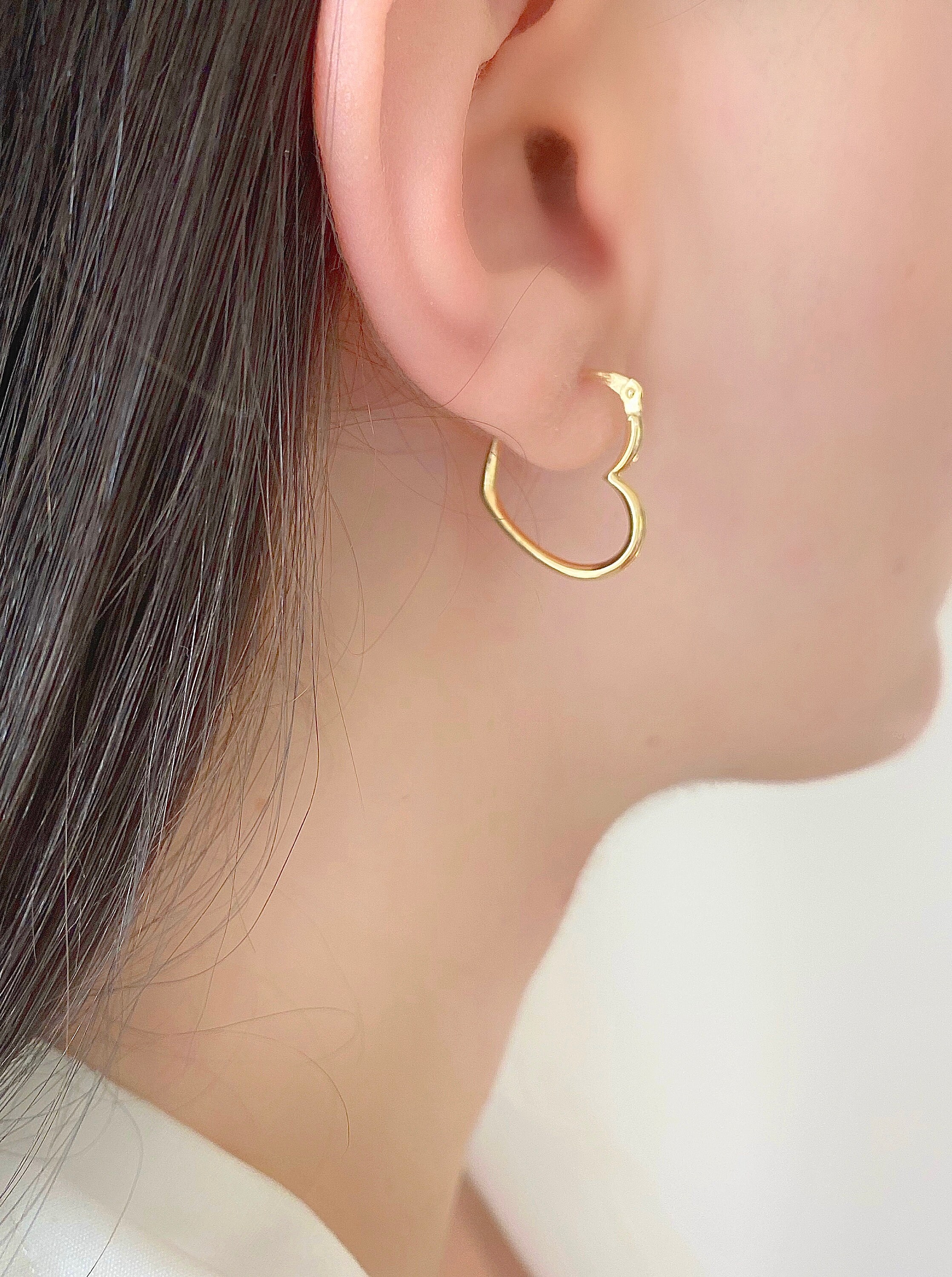14K Heart Hoops| 14K Yellow Gold Heart Hoop Earring - Love| Real 