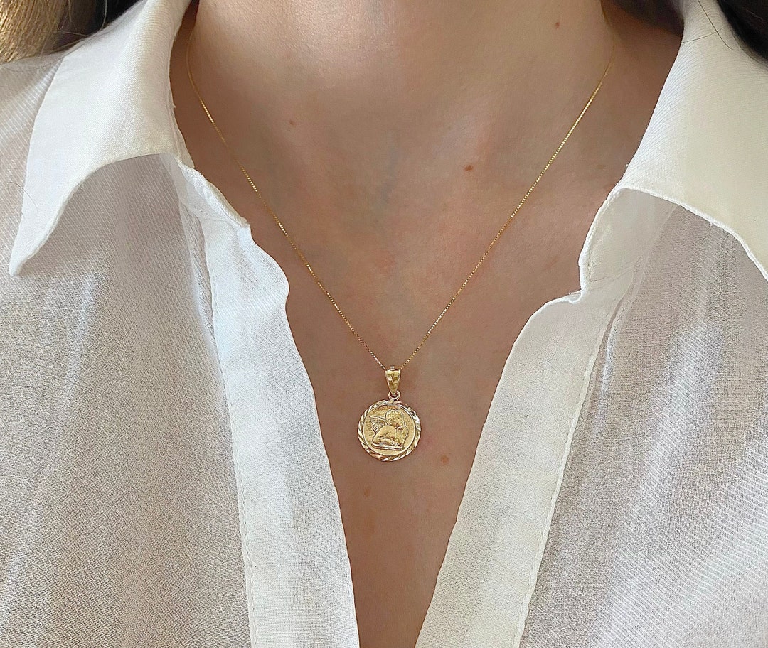 Solid 14K Yellow Gold Guardian Angel Medallion Charm Pendant - Handmade Textured Round Charm