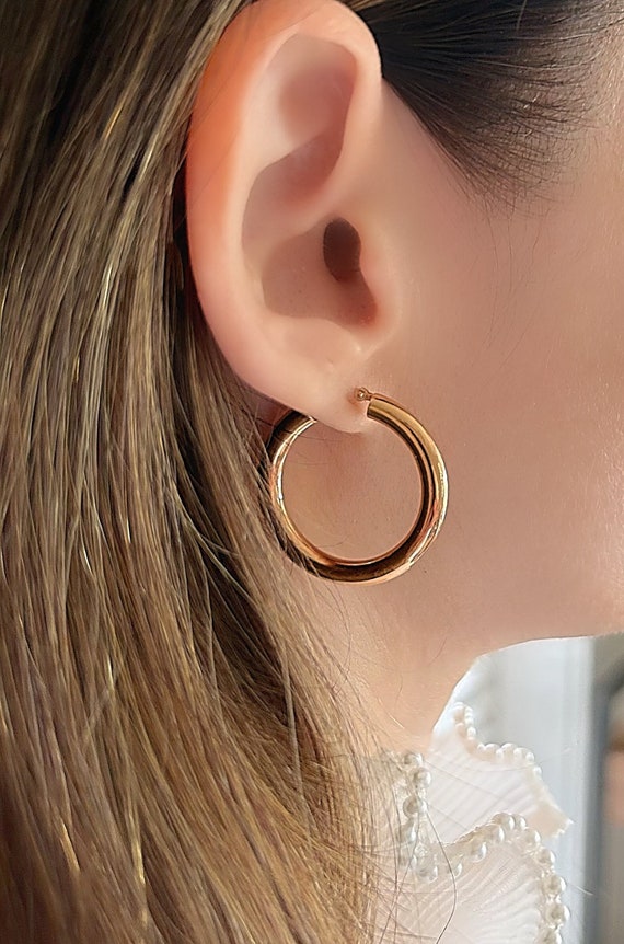 Thick rose gold hoops deals