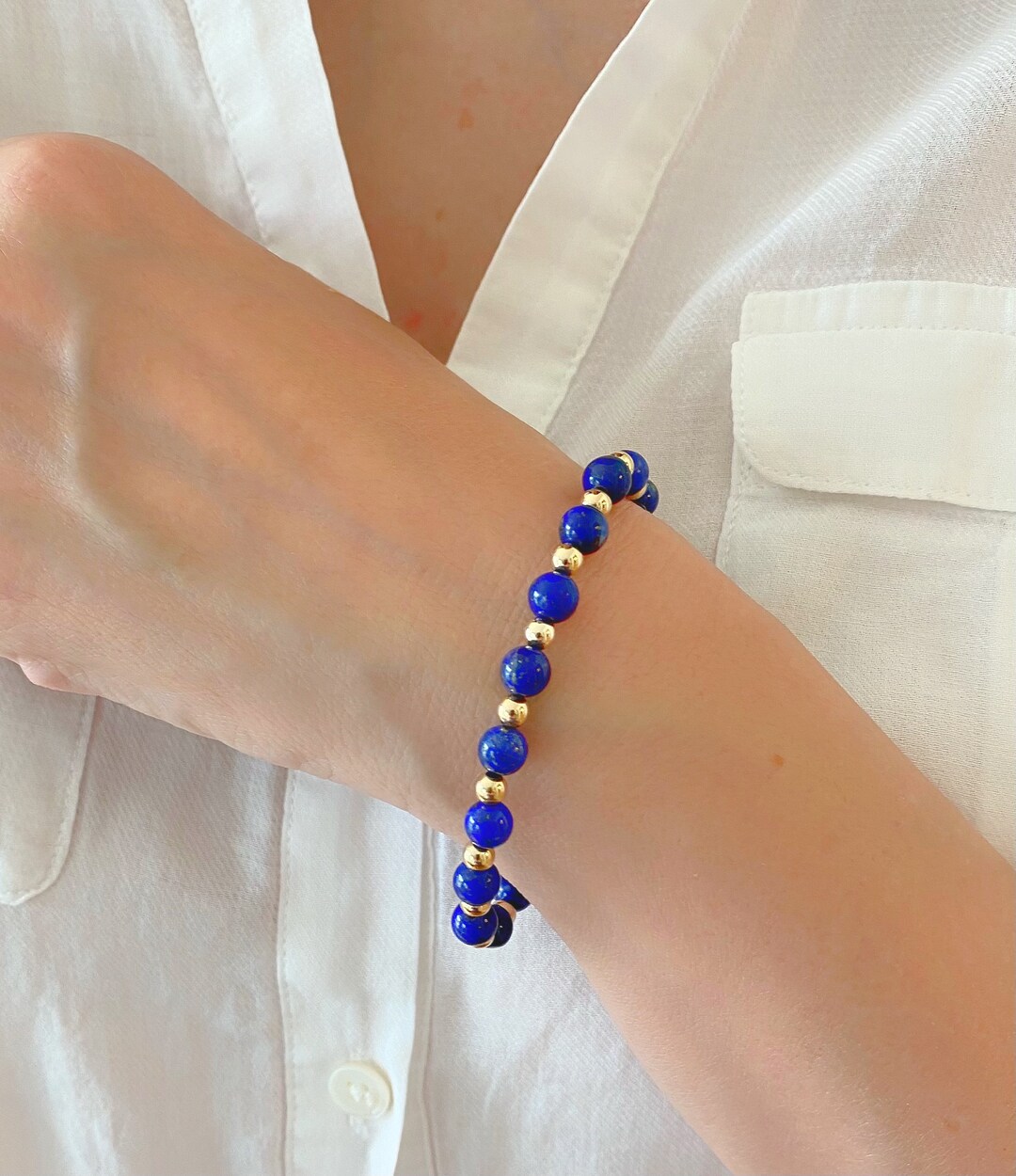 Lapis Lazuli Beaded Bracelet in 14K Yellow Gold Solid 14K Gold 6mm