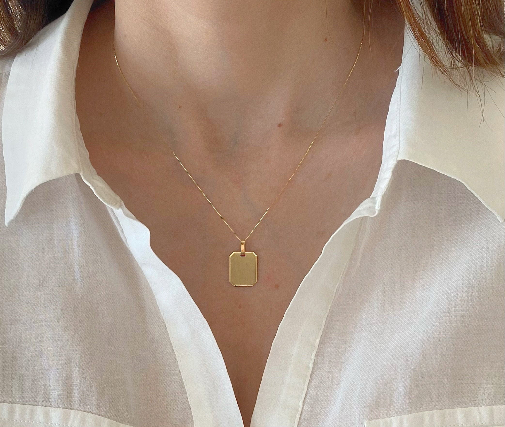 Solid 14K Yellow Gold Tag Necklace Custom Engraved Charm Engraved Dog Tag Gold Rectangular Pendant Personalized Gold Gift For Her