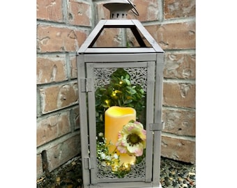 Large Grey Lantern with Candle / Candle Holder / Gray Lantern / Lantern with Flowers / Unique Gift