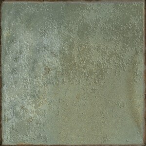 May include: A square ceramic tile featuring a muted sage green glaze with a textured, uneven surface. The finish displays subtle variations in tone, ranging from light greyish-green to deeper olive hues, with a slightly weathered, rustic appearance.