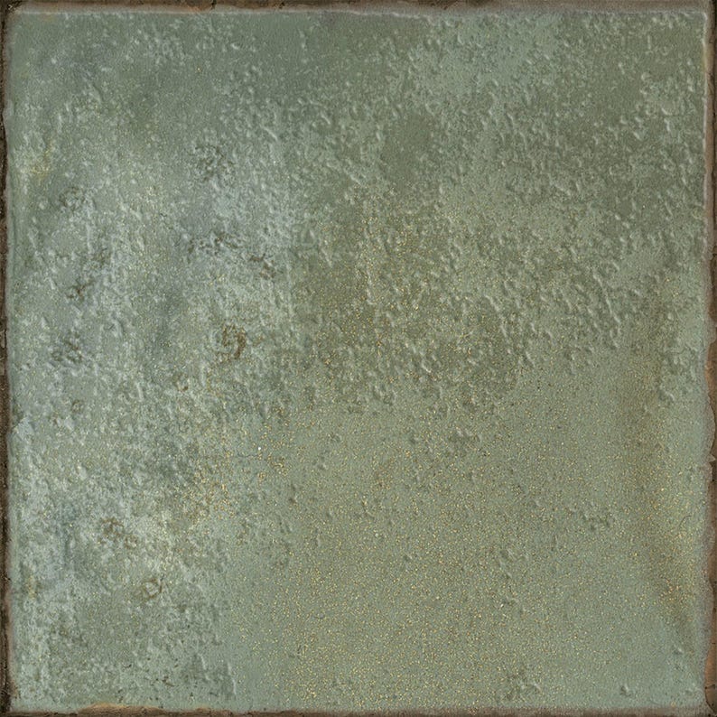 May include: A square ceramic tile featuring a muted sage green glaze with a textured, uneven surface. The finish displays subtle variations in tone, ranging from light greyish-green to deeper olive hues, with a slightly weathered, rustic appearance.
