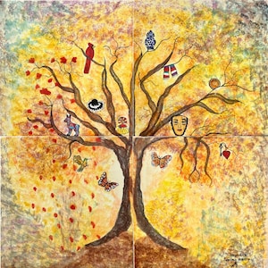 May include: A watercolor painting of a tree with a yellow background. The tree has many branches with various objects hanging from them, including a cardinal, a butterfly, a hummingbird, a deer, a mask, a scarf, a hat, a doll, and a heart. The text "TRAVERSE" is written at the bottom of the painting.