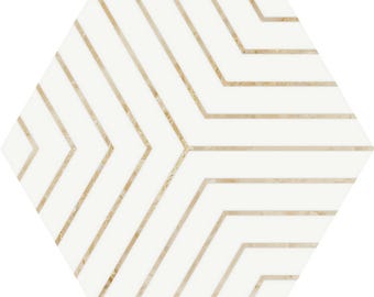 May include: A white, hexagonal tile with a geometric pattern. The design features a series of angled, light brown lines set against a white background. The lines create a chevron-like pattern, adding a modern touch to the tile's design.