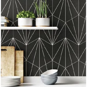 May include: Black and white geometric patterned wallpaper with white lines forming a starburst pattern. Two white ceramic pots with green plants are on a shelf in front of the wallpaper. Three gray ceramic bowls are stacked on a white countertop.