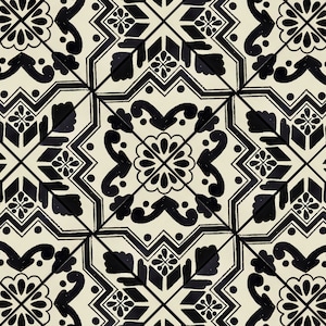 May include: Black and white patterned tile with a geometric design. The tile has a repeating pattern of flowers and leaves.