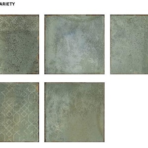 May include: Five square tiles with a weathered, sage green finish and dark edges. The tiles feature varied surface textures, including two with faint, light-colored geometric patterns and three with a solid, mottled, distressed appearance. Text reads GRAPHIC VARIETY.