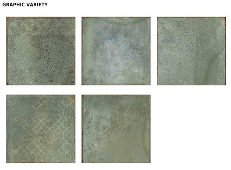 May include: Five square tiles with a weathered, sage green finish and dark edges. The tiles feature varied surface textures, including two with faint, light-colored geometric patterns and three with a solid, mottled, distressed appearance. Text reads GRAPHIC VARIETY.